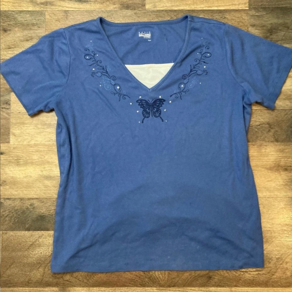 Blue Embroidered Butterfly V-Neck Top